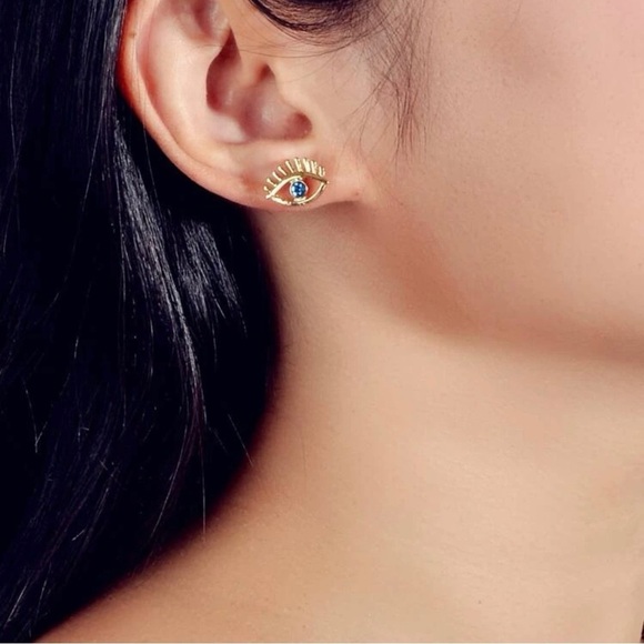 Rhinestone Blue Eye Stud Earrings - Picture 3 of 3